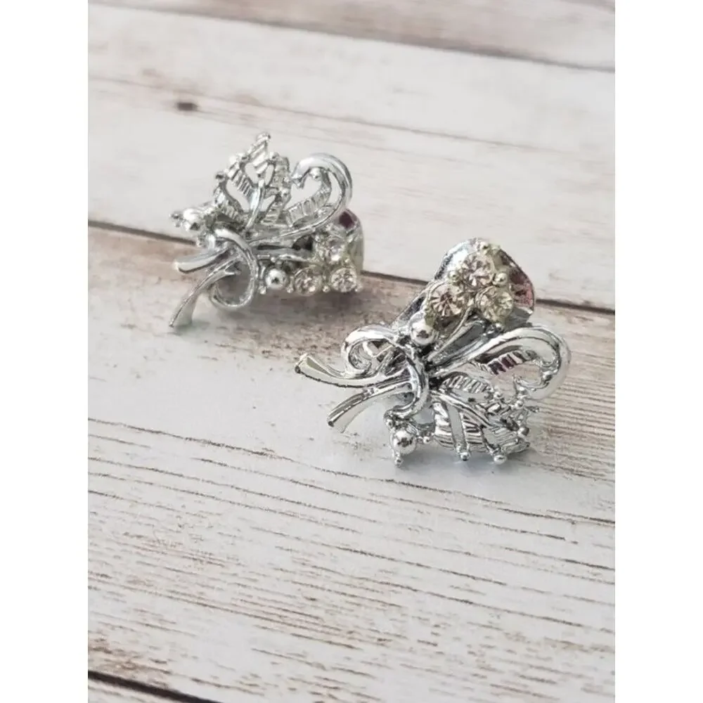 Vintage Clip On Earrings Bouquet Style Silver Tone & Clear Gems